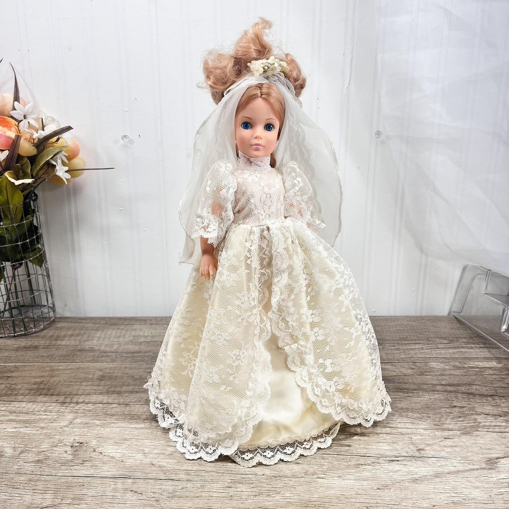 Vintage 12" Bride Doll White Lace Wedding Gown Veil‎ Blue Eyes Collectible